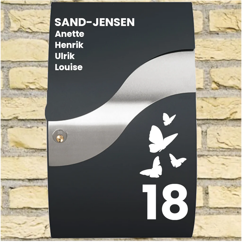 Brievenbussticker – Wave-indeling met vlindersmotief, achternaam, voornamen & huisnummer