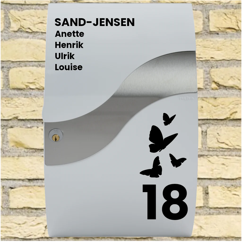 Brievenbussticker – Wave-indeling met vlindersmotief, achternaam, voornamen & huisnummer